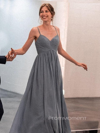 Elegant V-neck Spaghetti Straps A-line Long Evening Prom Dresses, Chiffon Grey Backless Prom Dress, PM0988