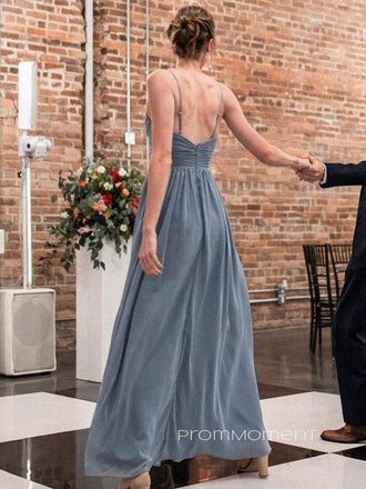 Elegant V-neck Spaghetti Straps A-line Long Evening Prom Dresses, Chiffon Grey Backless Prom Dress, PM0988