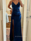 V-neck Spaghetti Straps Mermaid Long Evening Prom Dresses, Satin Side Slit Navy Blue Backless Prom Dress, PM0990