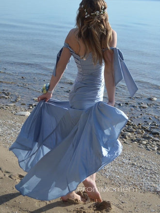 Lovely Off Shoulder Mermaid V-neck Long Evening Prom Dresses, Satin Strapless Prom Dress, PM0991