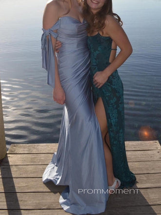 Lovely Off Shoulder Mermaid V-neck Long Evening Prom Dresses, Satin Strapless Prom Dress, PM0991