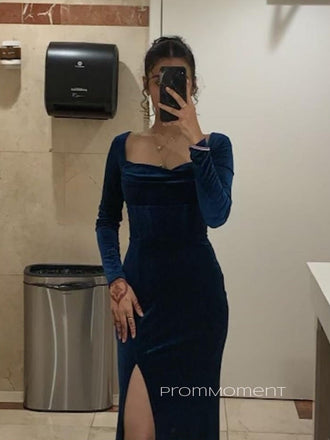 Long Sleeves Side Slit Mermaid Long Evening Prom Dresses, Velvet Sheath Formal Prom Dress, PM0992