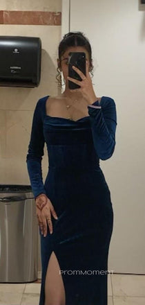 Long Sleeves Side Slit Mermaid Long Evening Prom Dresses, Velvet Sheath Formal Prom Dress, PM0992
