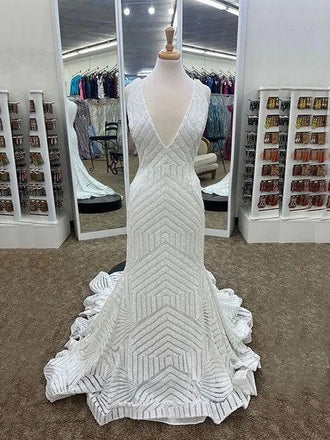 Deep V-neck Strps Mermaid Floor-length Long Evening Prom Dresses, Sequins White Backless Wedding Dress, PM0993