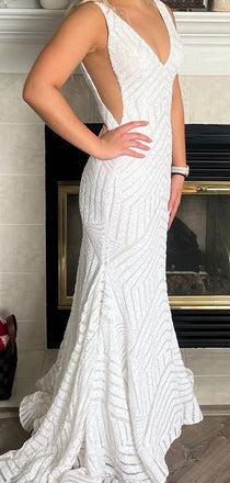 Deep V-neck Strps Mermaid Floor-length Long Evening Prom Dresses, Sequins White Backless Wedding Dress, PM0993