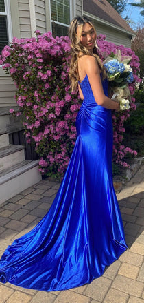 High Slit Strapless Royal Blue Mermaid Long Evening Prom Dresses, Floor-length Sheath Prom Dress, PM0994