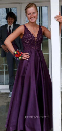 Formal Deep V-neck Straps A-line Long Evening Prom Dresses, Backless Satin Sleeveless Prom Dress, PM0995