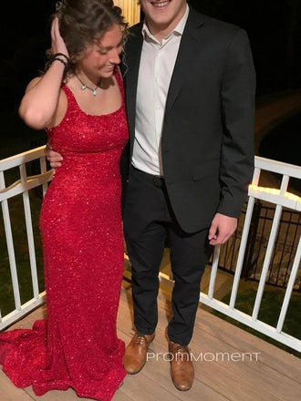 Sequins Red Mermaid Straps Sheath Long Evening Prom Dresses, Backless Floor-lenrth Sparkly Prom Dress, PM0997