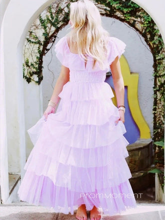 Lovely Tulle A-line Purple Long Evening Prom Dresses, Beautiful Backless Prom Dress, PM0999