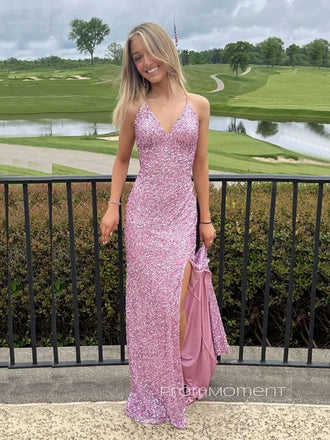 Sparkly V-neck Spaghetti Straps Mermaid Long Evening Prom Dresses, Side Slit Sequins Floor-length Backless Prom Dress, PM1001