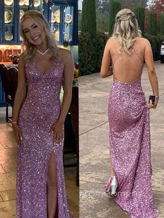Sparkly V-neck Spaghetti Straps Mermaid Long Evening Prom Dresses, Side Slit Sequins Floor-length Backless Prom Dress, PM1001