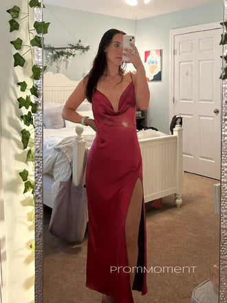 Spaghetti Straps Side Slit Backless Long Evening Prom Dresses, Satin Backless Sleeveless Prom Dress, PM1003