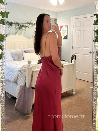 Spaghetti Straps Side Slit Backless Long Evening Prom Dresses, Satin Backless Sleeveless Prom Dress, PM1003
