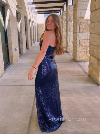 Strapless Side Slit Mermaid Navy Blue Long Evening Prom Dresses, Sequins Backless Sleeveless Sparkly Prom Dress, PM1004