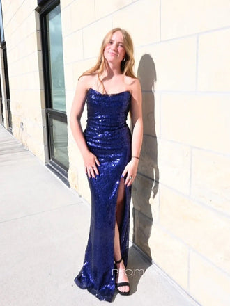 Strapless Side Slit Mermaid Navy Blue Long Evening Prom Dresses, Sequins Backless Sleeveless Sparkly Prom Dress, PM1004