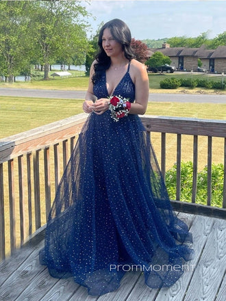 Deep V-neck Spaghetti Straps A-line Long Evening Prom Dresses, Backless Floor-length Unique Tulle Prom Dress, PM1005