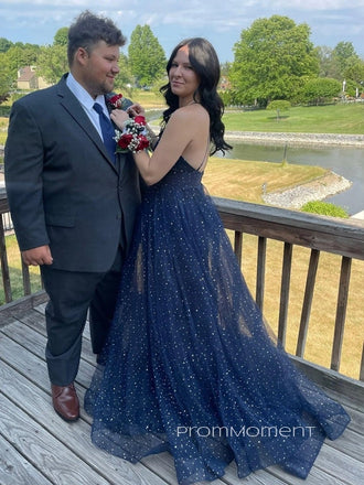 Deep V-neck Spaghetti Straps A-line Long Evening Prom Dresses, Backless Floor-length Unique Tulle Prom Dress, PM1005