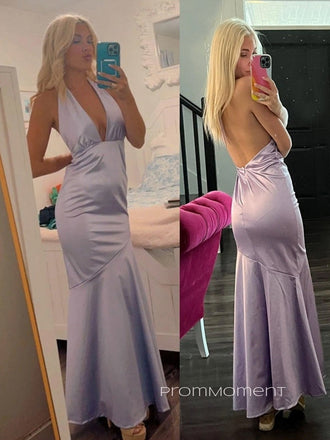 Sexy Deep V-neck Backless Mermaid Long Evening Prom Dresses, Purple Satin Halter Prom Dress, PM1007