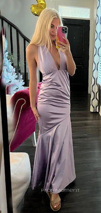 Sexy Deep V-neck Backless Mermaid Long Evening Prom Dresses, Purple Satin Halter Prom Dress, PM1007