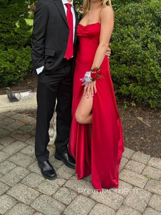 High Slit Spaghetti Straps Sleeveless Long Evening Prom Dresses, Red Backless Prom Dress, PM1010