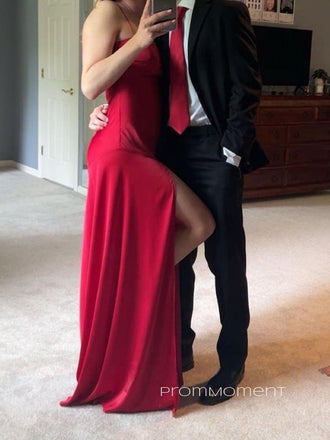 High Slit Spaghetti Straps Sleeveless Long Evening Prom Dresses, Red Backless Prom Dress, PM1010
