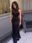 Mermaid Black Halter Backless Long Evening Prom Dresses, Satin Sheath Sleeveless Prom Dress, PM1011