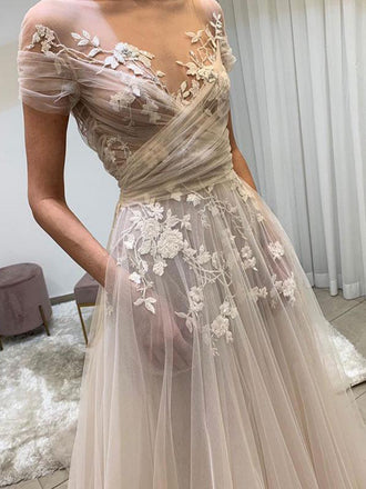 Elegant Off Shoulder Appliques A-line Long Evening Prom Dresses, Floor-length Tulle Prom Dress, PM1012