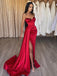 Sweetheart Side Slit Red Mermaid Long Evening Prom Dresses, Satin Floor-length Strapless Prom Dress, PM1013