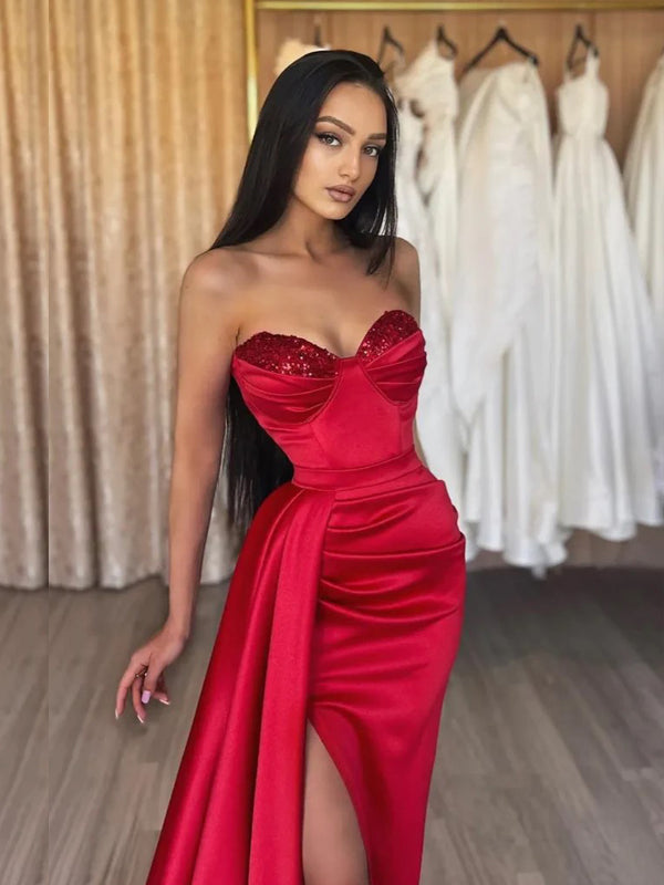 Sweetheart Side Slit Red Mermaid Long Evening Prom Dresses, Satin Floor-length Strapless Prom Dress, PM1013