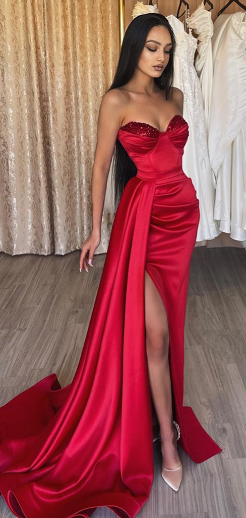 Sweetheart Side Slit Red Mermaid Long Evening Prom Dresses, Satin Floor-length Strapless Prom Dress, PM1013