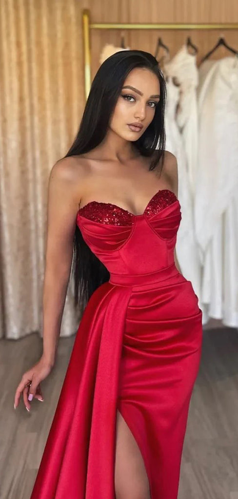 Sweetheart Side Slit Red Mermaid Long Evening Prom Dresses, Satin Floor-length Strapless Prom Dress, PM1013