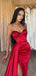 Sweetheart Side Slit Red Mermaid Long Evening Prom Dresses, Satin Floor-length Strapless Prom Dress, PM1013