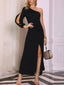 Formal Black One Shoulder Side Slit Long Evening Prom Dresses, Long Sleeve Prom Dress, PM1015