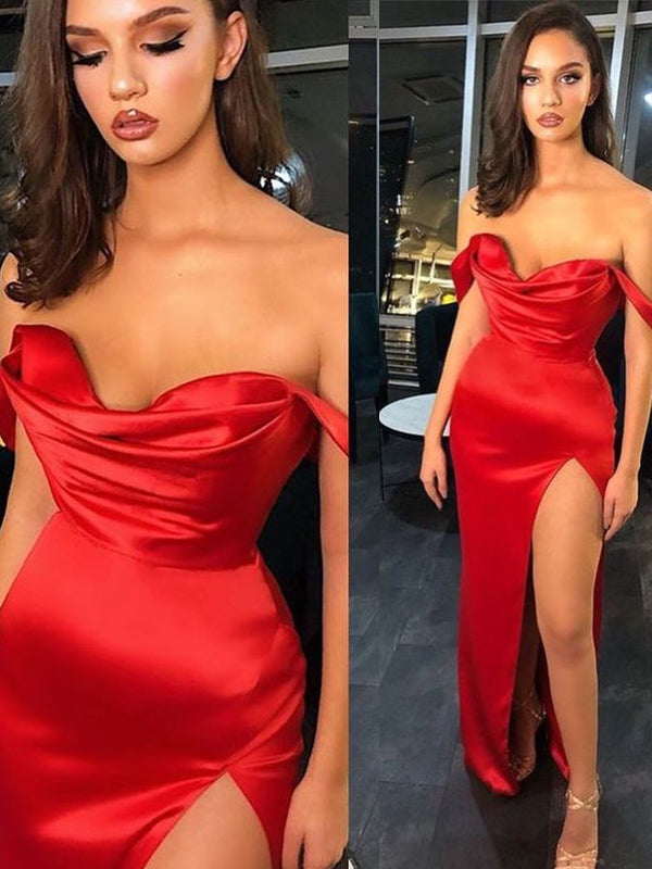 Beautiful Off Shoulder Deep V-neck High Slit Long Evening Prom Dresses, Mermaid Red Satin Backless Prom Dress, PM1016