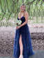 Sexy Deep V-neck Side Slit A-line Long Evening Prom Dresses, Sleeveless Tulle Navy Blue Backless Prom Dress, PM1017