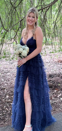 Sexy Deep V-neck Side Slit A-line Long Evening Prom Dresses, Sleeveless Tulle Navy Blue Backless Prom Dress, PM1017