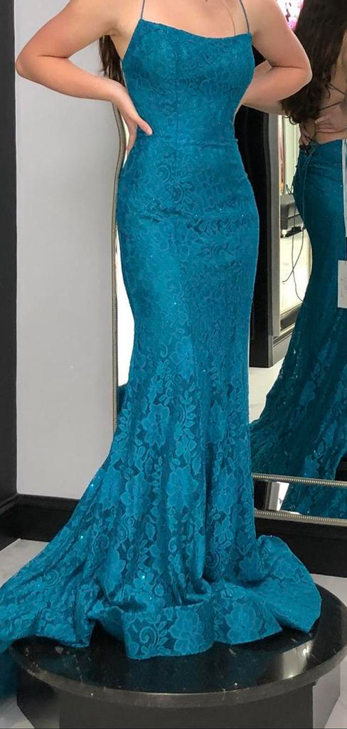 Mermaid Spaghetti Straps Sheath Floor-length Long Evening Prom Dresses, Lace Backless Sleeveless Prom Dress, PM1019