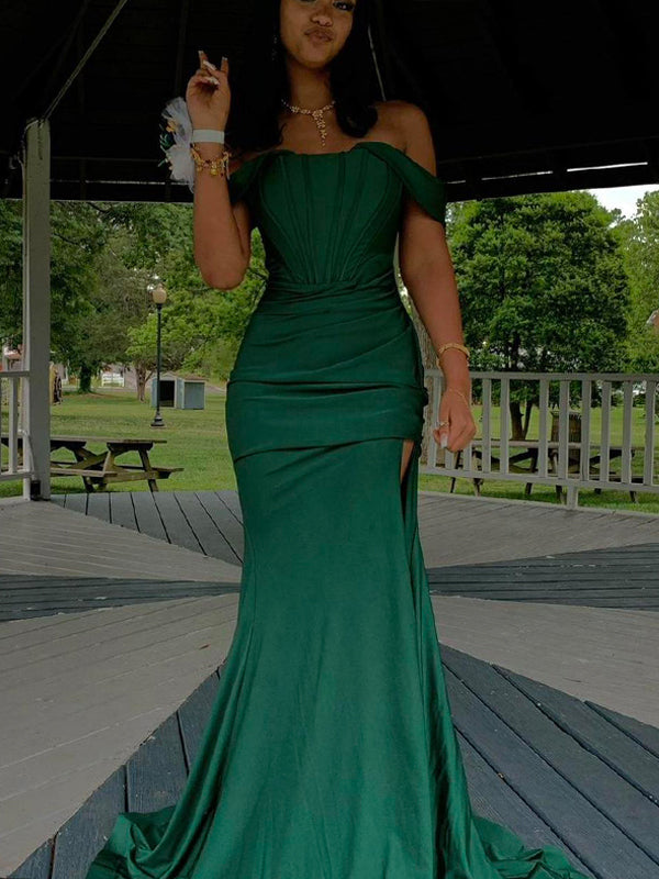 Beautiful Off Shoulder High Slit Long Evening Prom Dresses, Mermaid Floor-length Backless Sheath Prom Dress, PM1020