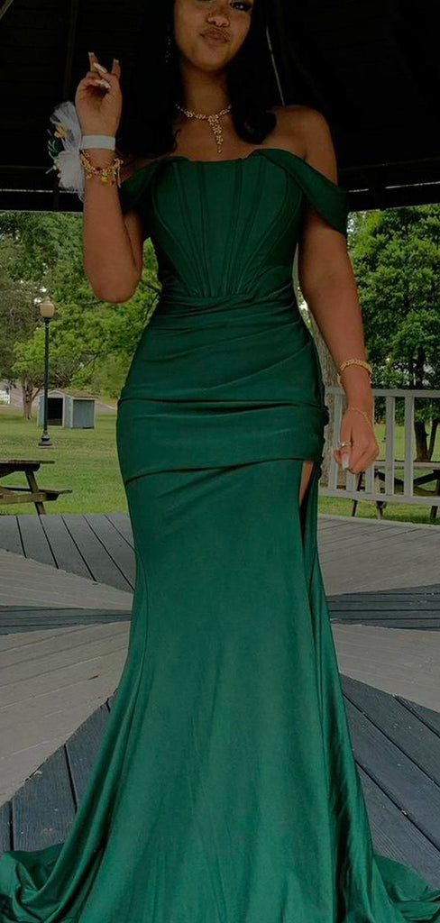 Beautiful Off Shoulder High Slit Long Evening Prom Dresses, Mermaid Floor-length Backless Sheath Prom Dress, PM1020