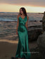 Green Satin Spaghetti Straps Long Evening Prom Dresses, Side Slit Prom Dress, PM1022