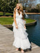 Beautiful Deep V-neck Tulle Straps A-line Long Evening Prom Dresses, Sleeveless White Backless Wedding  Dress, PM1024