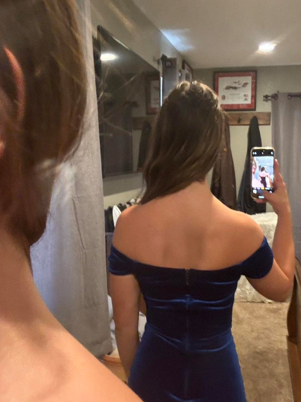 Popular Off Shoulder V-neck Side Slit Long Evening Prom Dresses, Royal Blue Backless Prom Dress, PM1027