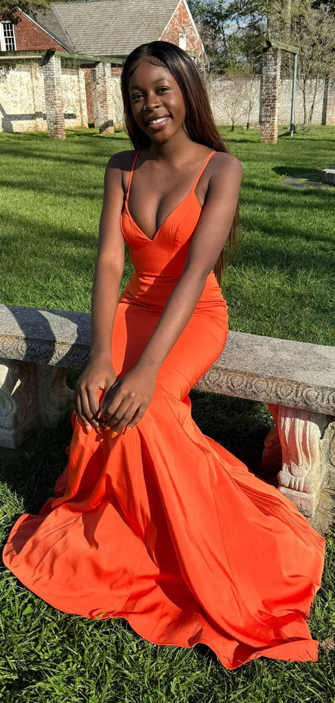 Sexy Deep V-neck Spaghetti Straps Mermaid Long Evening Prom Dresses, Backless Floor-length Prom Dress, PM1029