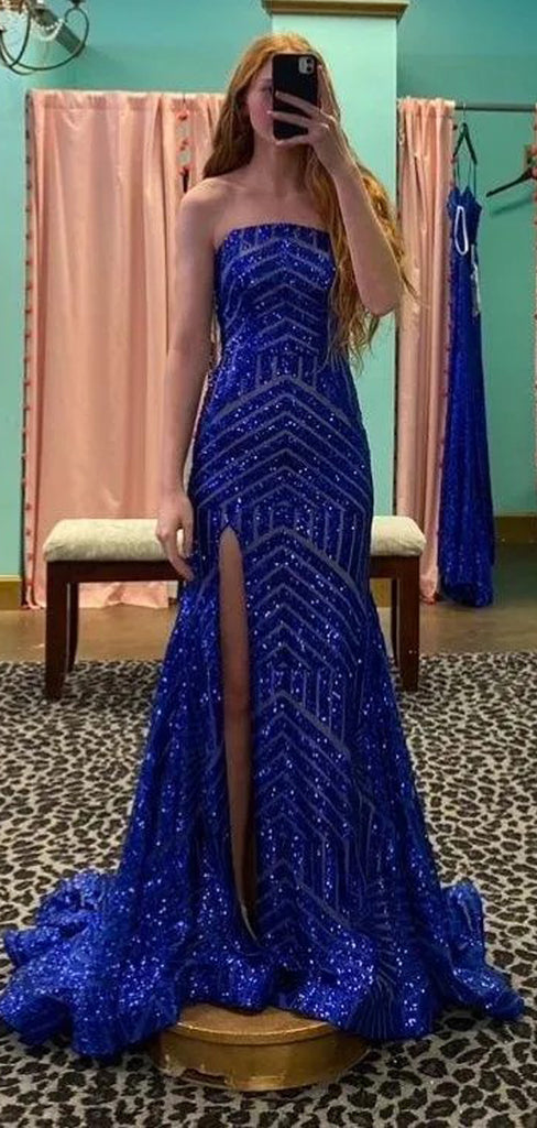 Strapless Sparkly Sequins Mermaid Long Evening Prom Dresses, High Slit Royal Blue Sleeveless Prom Dress, PM1031