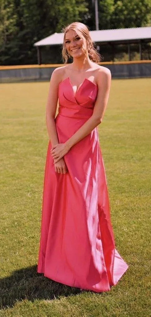 Beautiful Strapless Deep V-neck A-line Long Evening Prom Dresses, Satin Sleeveless Prom Dress, PM1032