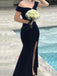 Elegant Off Shoulder Side Slit Mermaid Long Evening Prom Dresses, Velvet Royal Blue Prom Dress, PM1033