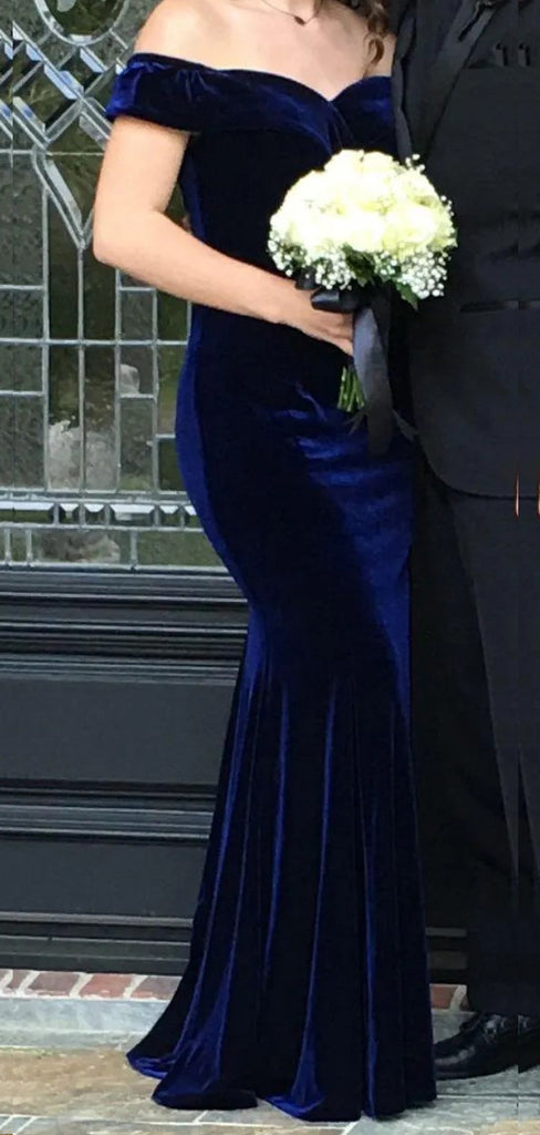 Elegant Off Shoulder Side Slit Mermaid Long Evening Prom Dresses, Velvet Royal Blue Prom Dress, PM1033