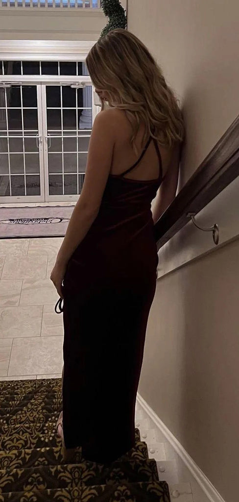 Side Slit Mermaid Spaghetti Straps Sleeveless Long Evening Prom Dresses, Dark Red Backless Prom Dress, PM1034