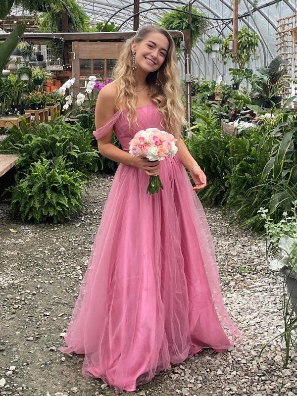 Lovely A-line Off Shoulder Tulle Pink Long Evening Prom Dresses, Backless Strapless Prom Dress, PM1035