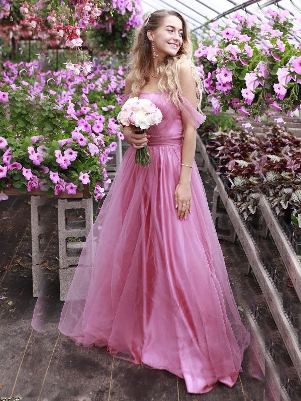 Lovely A-line Off Shoulder Tulle Pink Long Evening Prom Dresses, Backless Strapless Prom Dress, PM1035